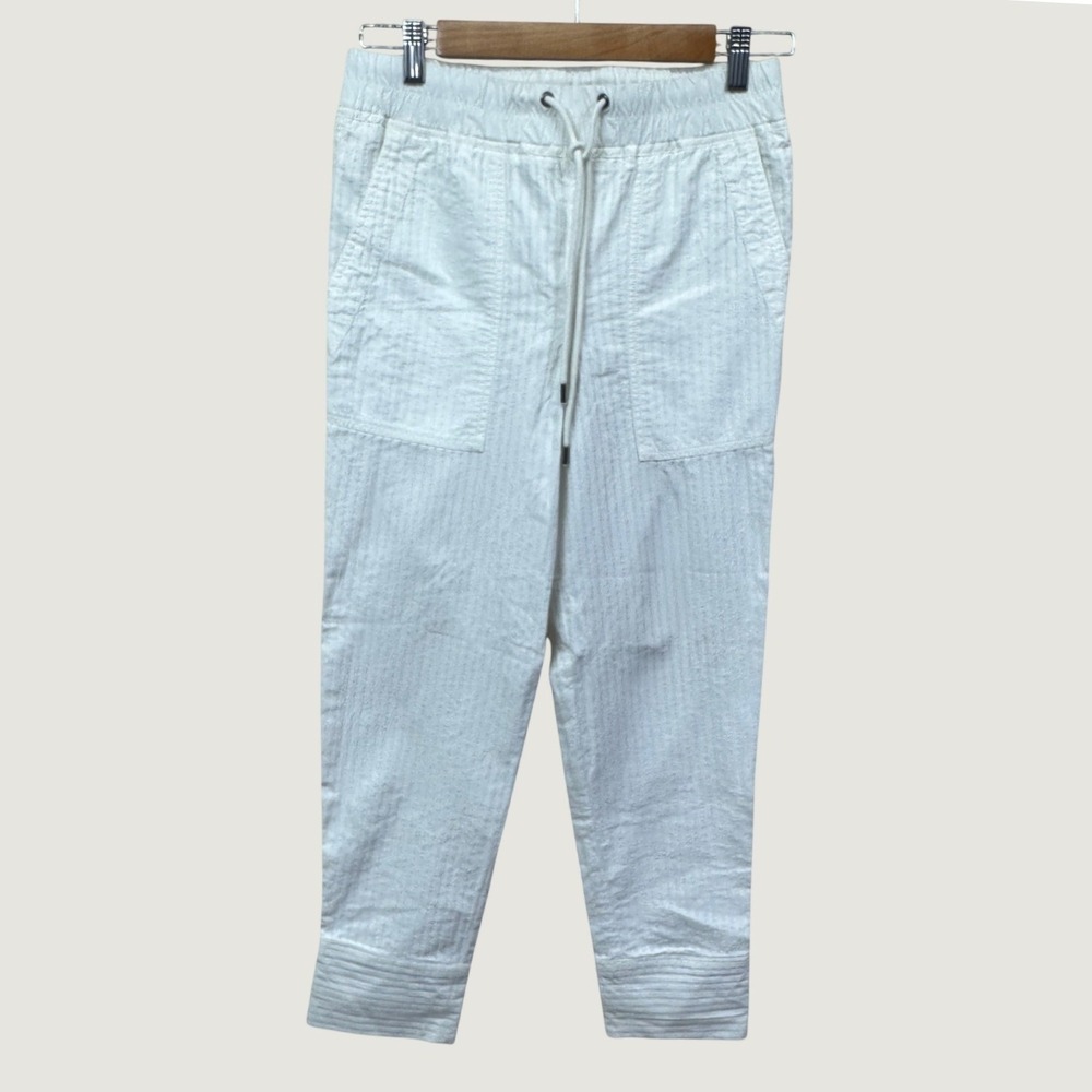 James Perse Seersucker Drawstring Pants Size 0 White Minimalist Coastal Summer
